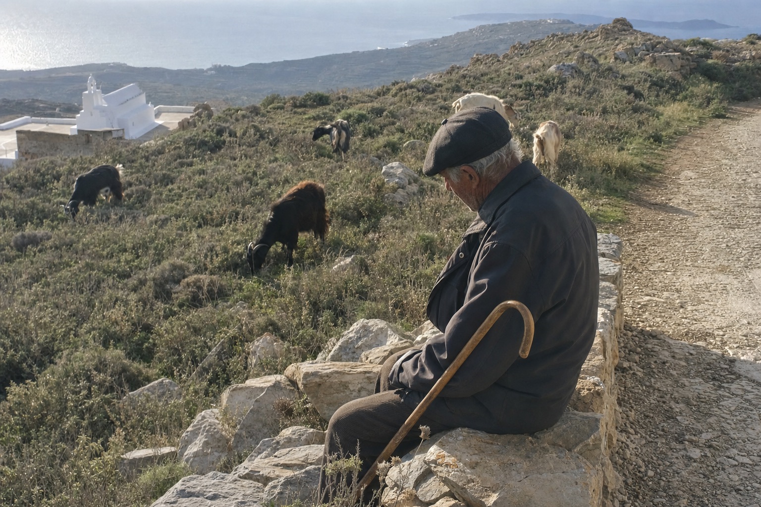 Ο ηλικιωμένος βοσκός καθισμένος σε πεζούλα με τη γκλίτσα του, τα γίδια πίσω του και η θάλασσα στο βάθος